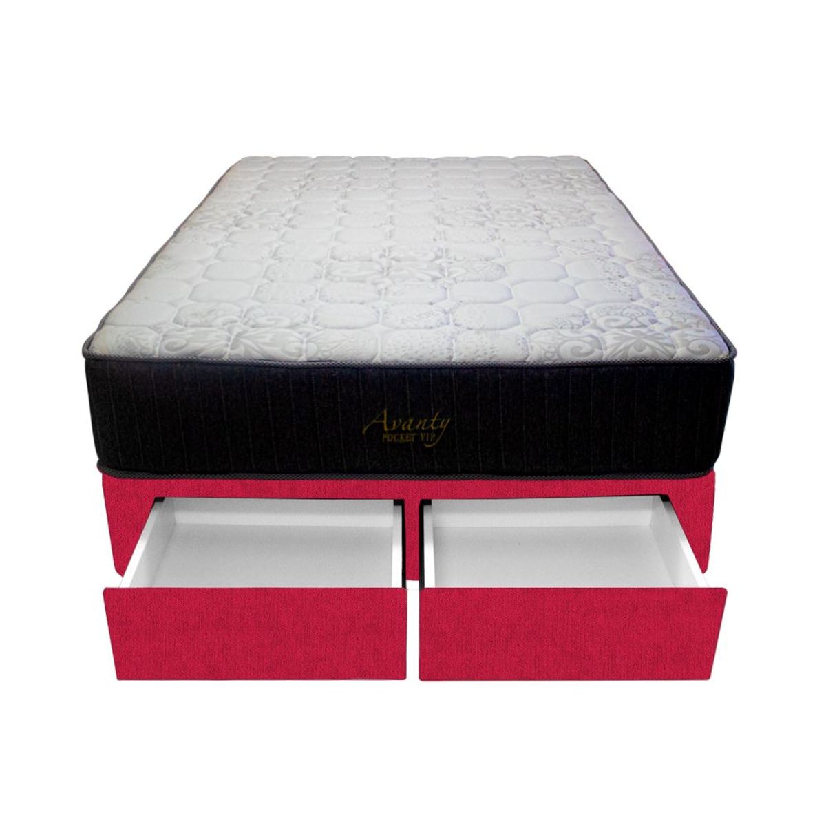 BARAKA HOME - Cama Pocket Vip + 2 Cajones 1.5 Plz + 2 almohadas - Rojo