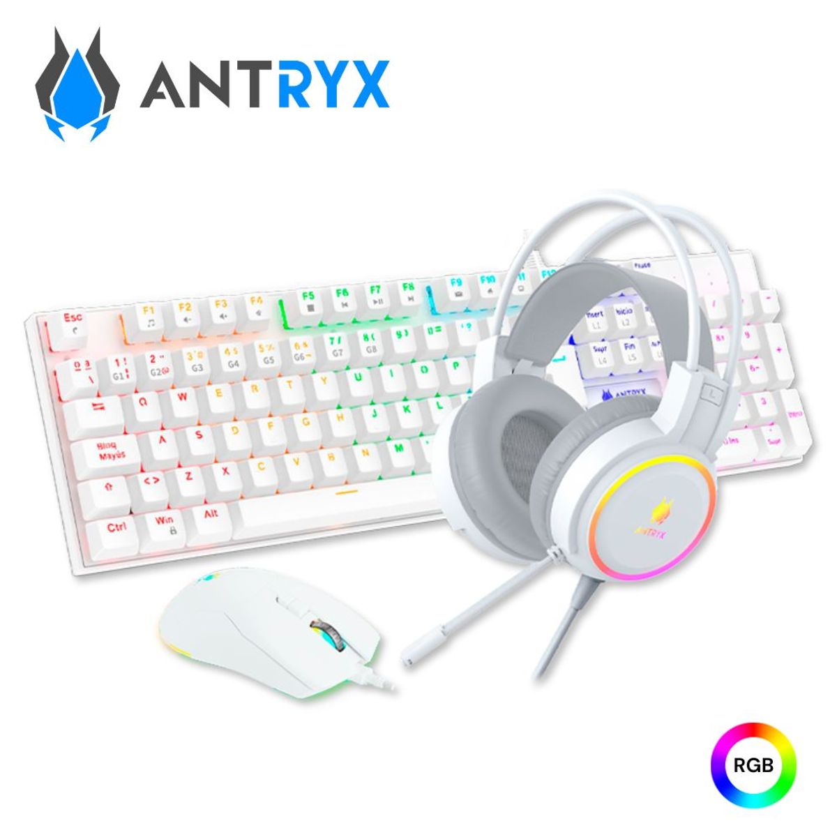 ANTRYX - Kit Gamer Antryx Audífono Teclado Mouse GC-3100 X3 Blanco Switch Azul