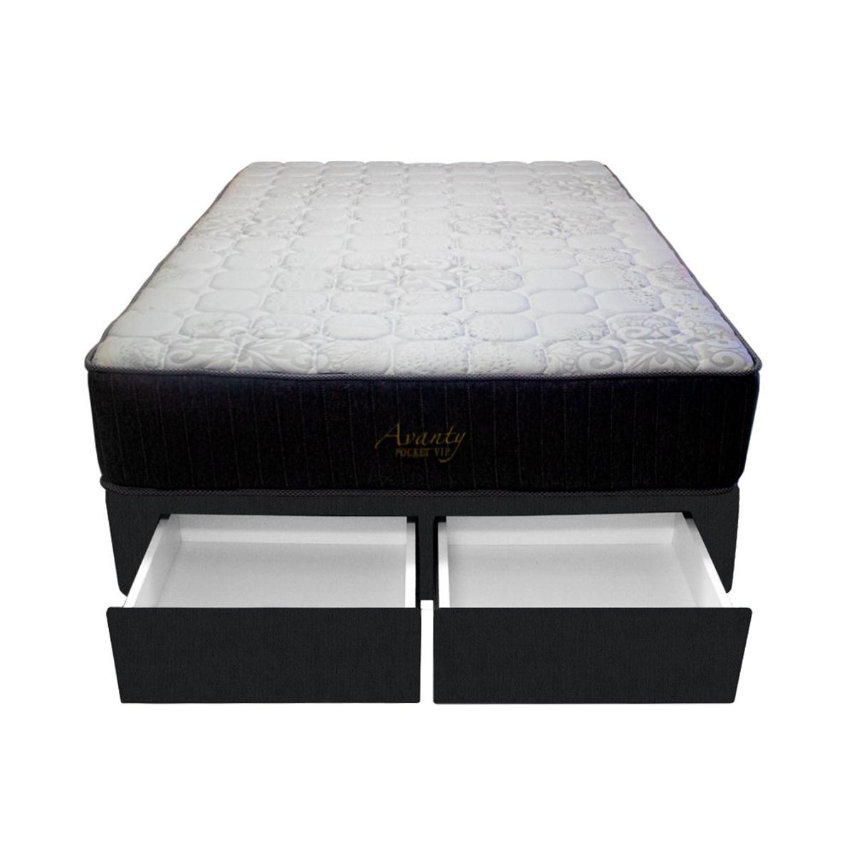 BARAKA HOME - Cama Pocket Vip + 2 Cajones 2 Plz + 2 almohadas - Negro