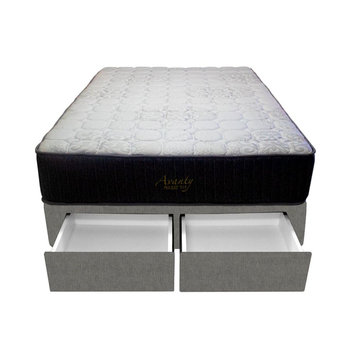 BARAKA HOME - Cama Pocket Vip + 2 Cajones 2 Plz + 2 almohadas - Gris Oscuro