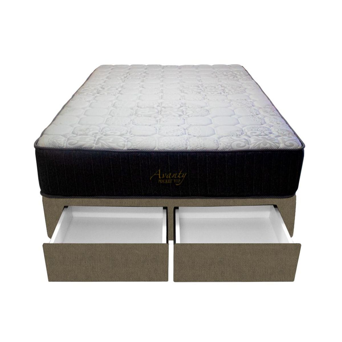 BARAKA HOME - Cama Pocket Vip + 2 Cajones 2 Plz + 2 almohadas - Beige Oscuro