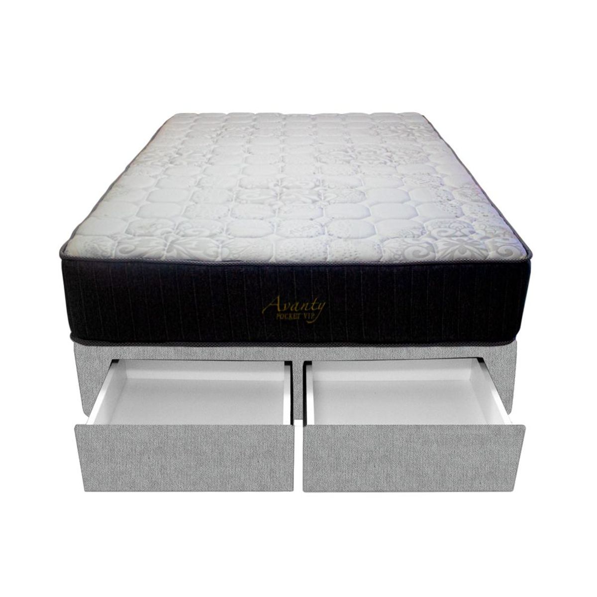 BARAKA HOME - Cama Pocket Vip + 2 Cajones 2 Plz + 2 almohadas - Gris Claro