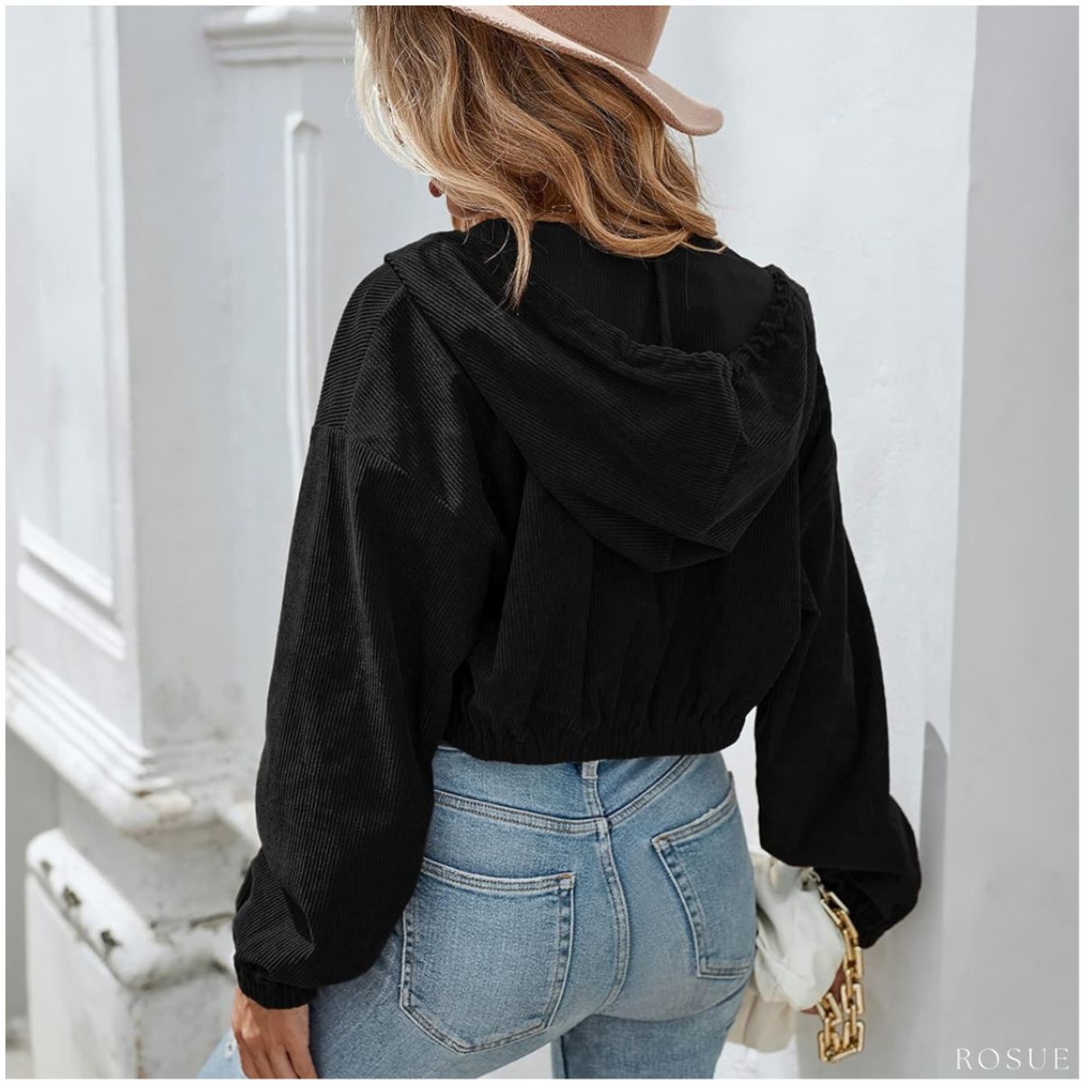 ROSUE - Casaca corduroy de mujer estilo crop negro