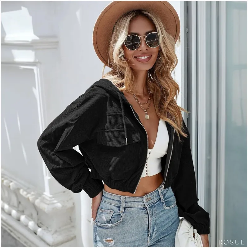 ROSUE - Casaca corduroy de mujer estilo crop negro