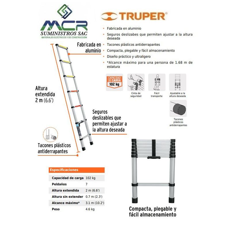 TRUPER - ESCALERA ALUMINIO RETRACTIL ACOPLABLE 7  PASOS 102 KG TRUPER