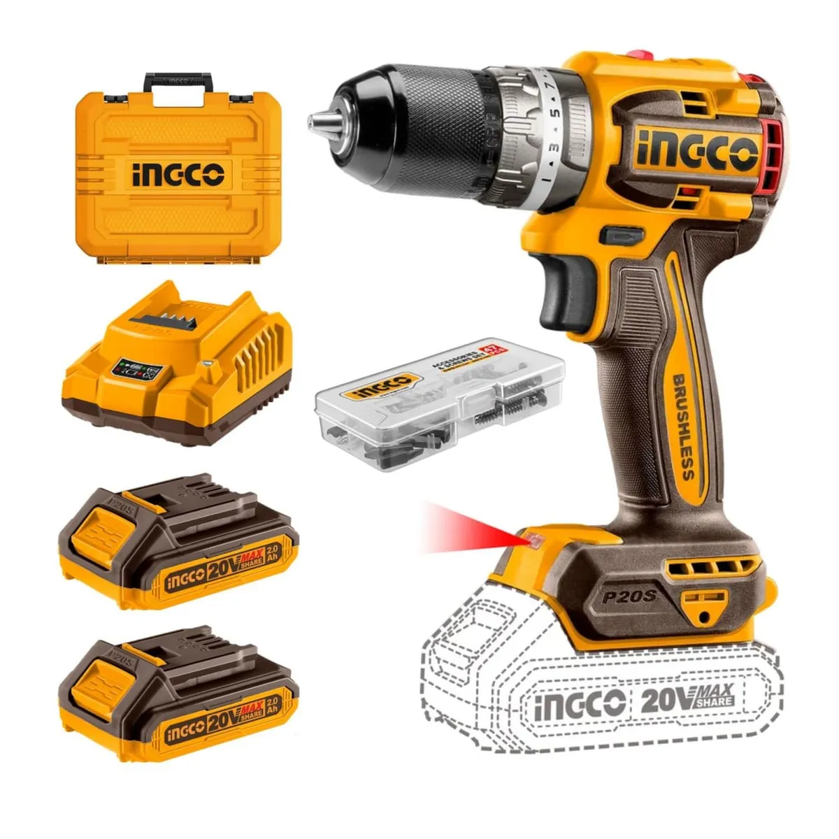 INGCO TOOLS - Taladro atornillador Brushless Chuck metalico 2 baterias 2ah Ingco