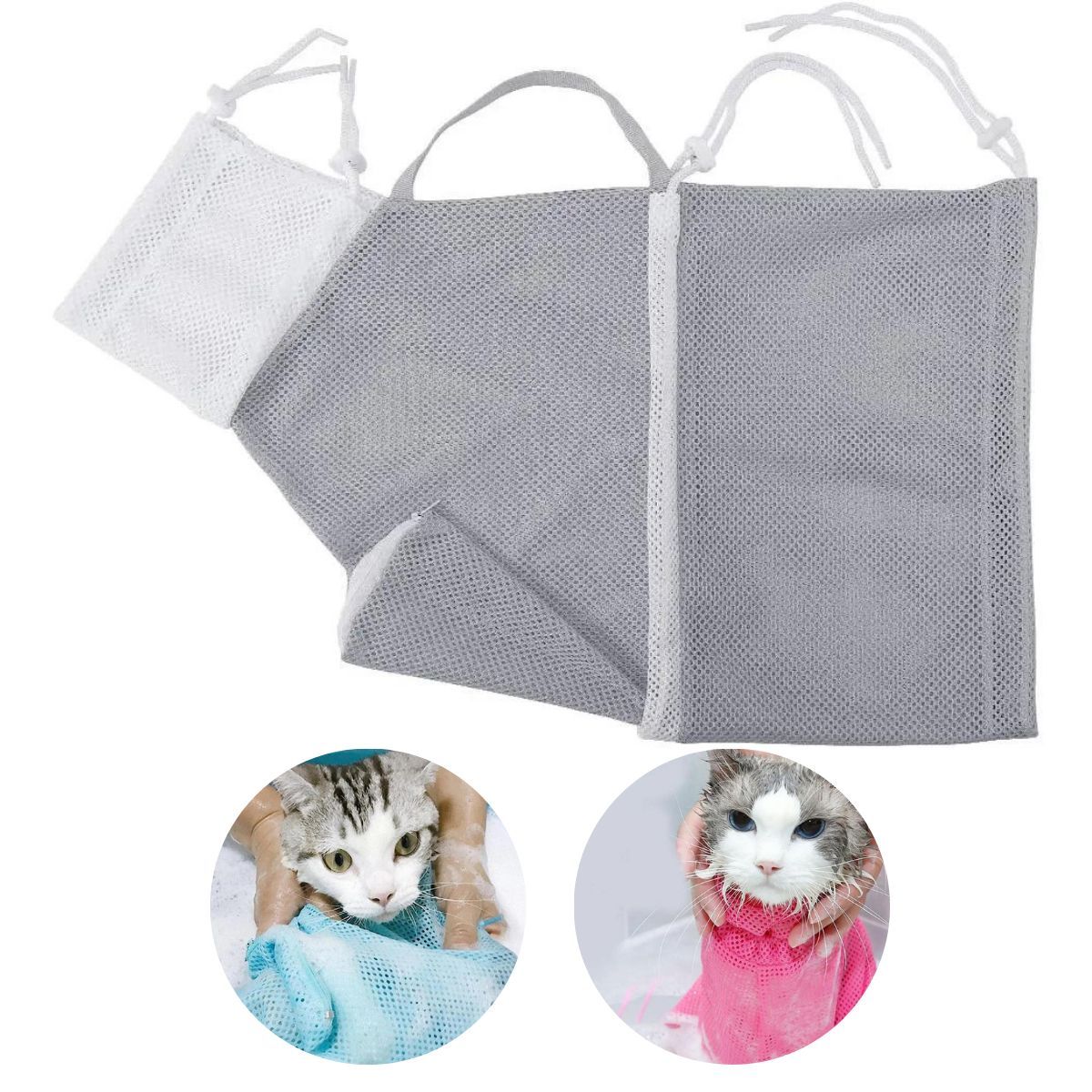 GENERICO - BOLSA DE ASEO DE MALLA PARA GATOS PLOMO CON BLANCO.