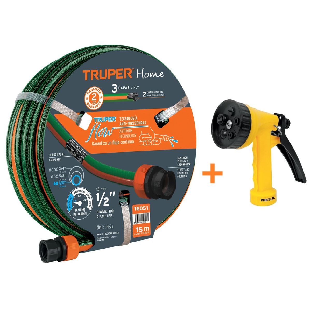 TRUPER - Manguera de Riego 15 Metros + Pistola de riego 5 funciones