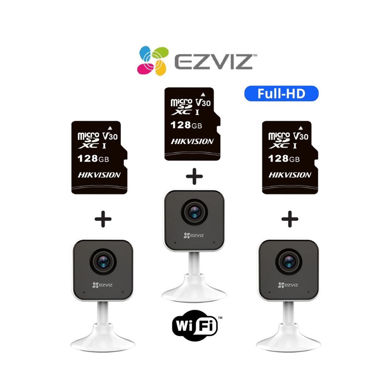 Ezviz - Kit 3 cámaras de seguridad H1C con resolución Full-HD y SD 128 GB - Ezviz
