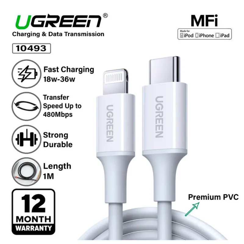 UGREEN - Cable Usb Tipo C A Lightning 60w 1metro Ugreen 10493 Blanco