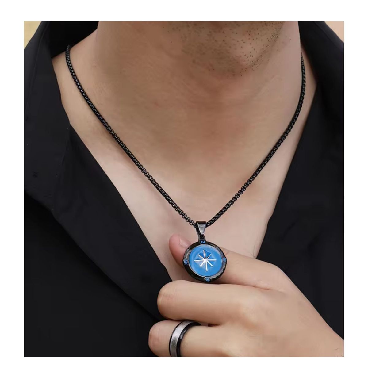 GENERICO - Collar para Varón Brújula Azul - Acero Inoxidable 316L