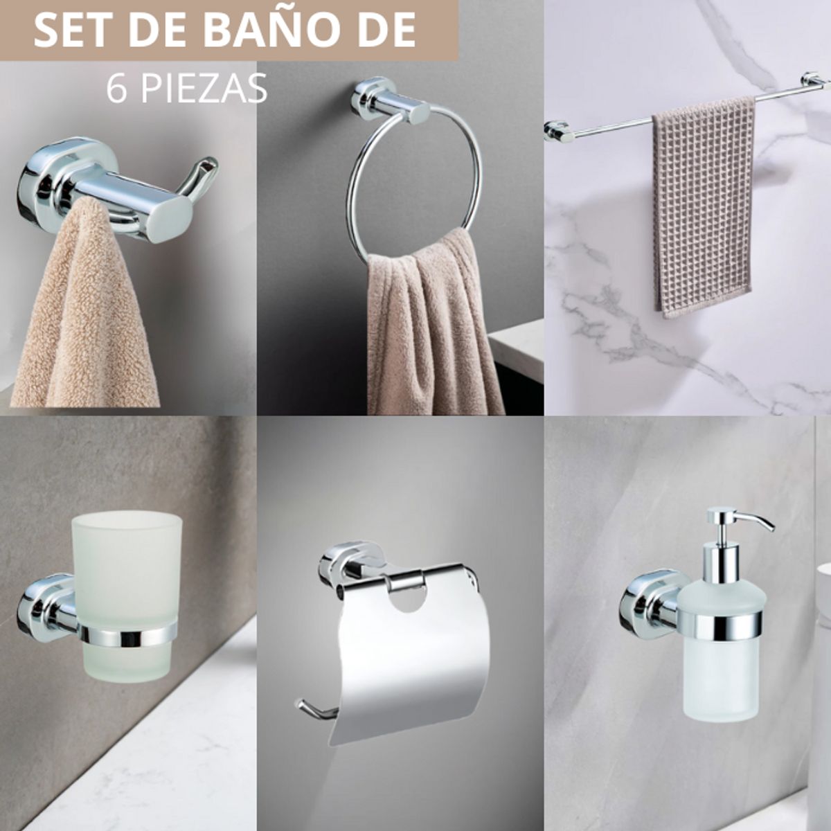 XM - SETS DE BAÑO 6 PIEZAS OVALADO CROMADO 10900
