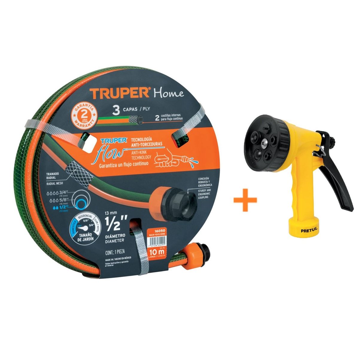 TRUPER - Manguera de Riego 10 Metros + Pistola 5 Funciones