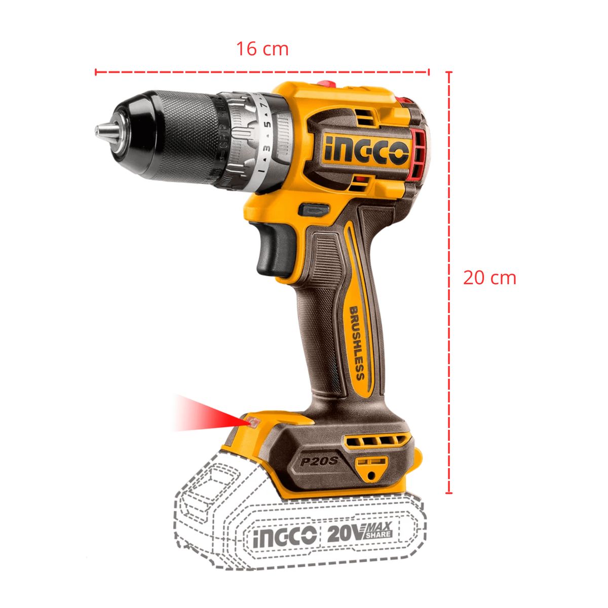 INGCO TOOLS - Taladro atornillador Brushless Chuck metalico 2 baterias 2ah Ingco