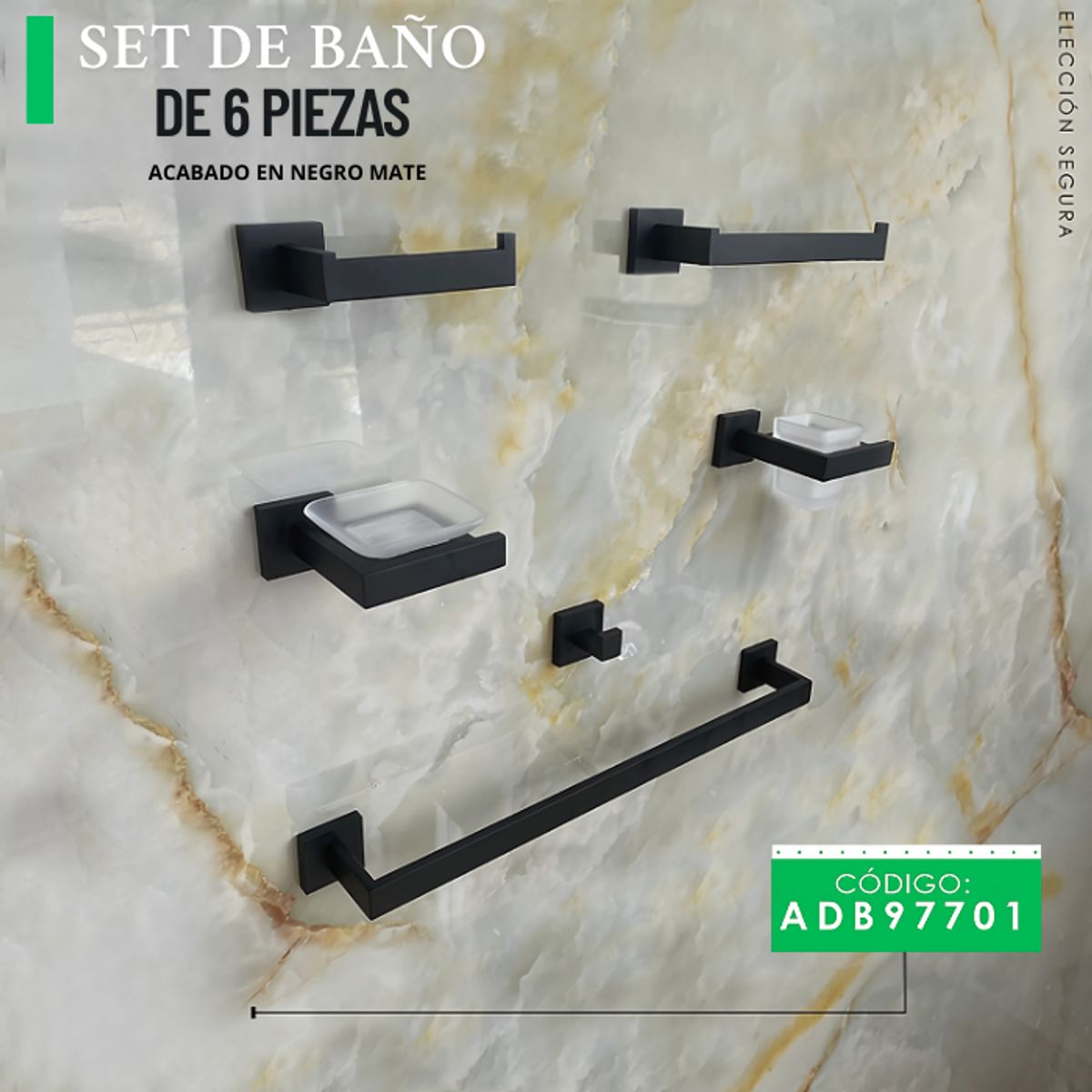 XM - SETS DE BAÑO 6PIEZAS CUADRADA ACERO304 NEGRO ADB97701