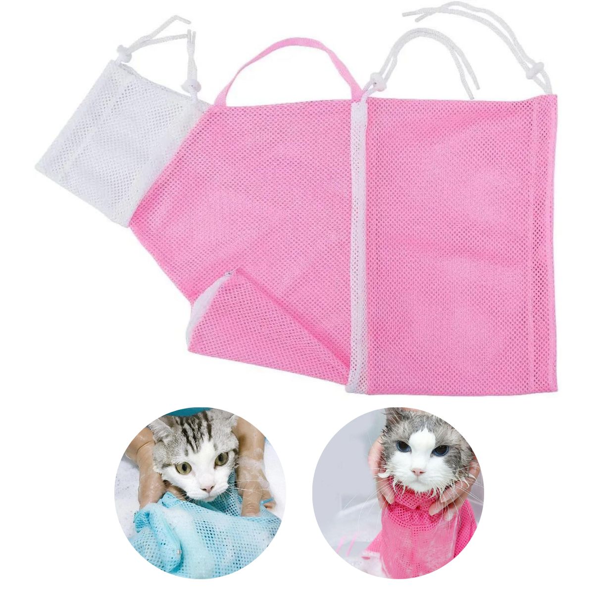 GENERICO - BOLSA DE ASEO DE MALLA PARA GATOS ROSADA Y BLANCO.