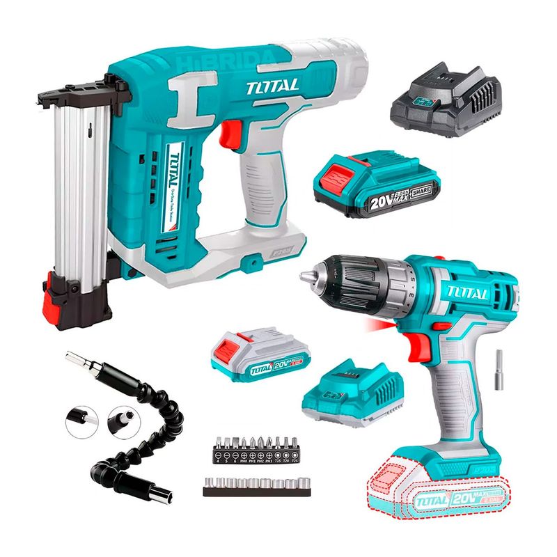 TOTAL TOOLS - TALADRO ATORNILLADOR INALÁMBRICO TOTAL Y PISTOLA CLAVADORA 20V - COMBO