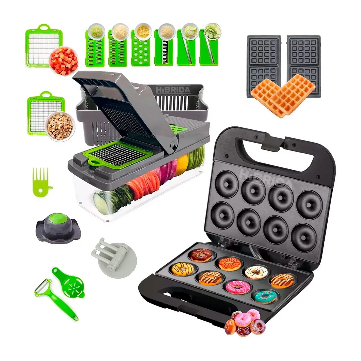 GENERICO - CORTADOR PICADOR ALIMENTOS MÁS MAQUINA MINI DONAS 2EN1 WAFFLES - COMBO