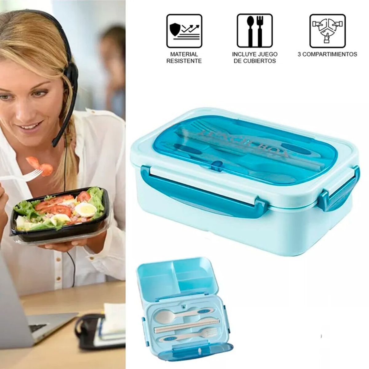 GENERICO - Lonchera Taper Portátil Hermética Cubiertos EasyHome Azul
