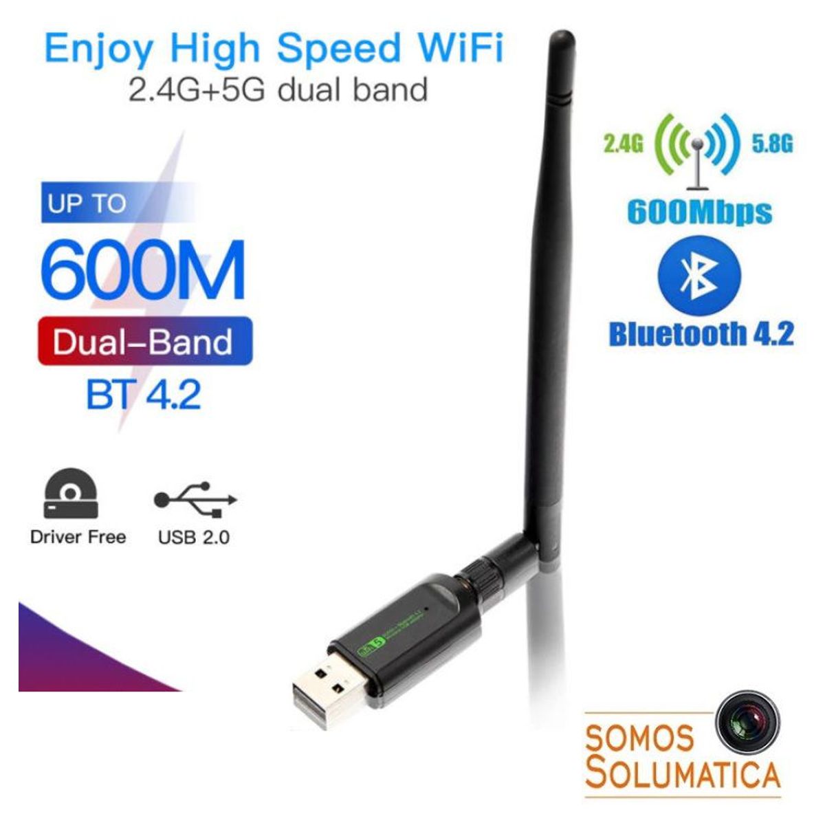 SEISA - Tarjeta De Red Inalámbrica 2en1 - Usb Wifi + Bluetooth - Hasta 600mbps