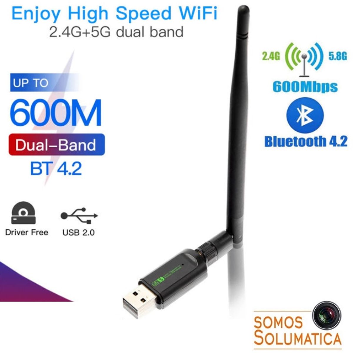 SEISA - Tarjeta De Red Inalámbrica 2en1 - Usb Wifi + Bluetooth - Hasta 600mbps