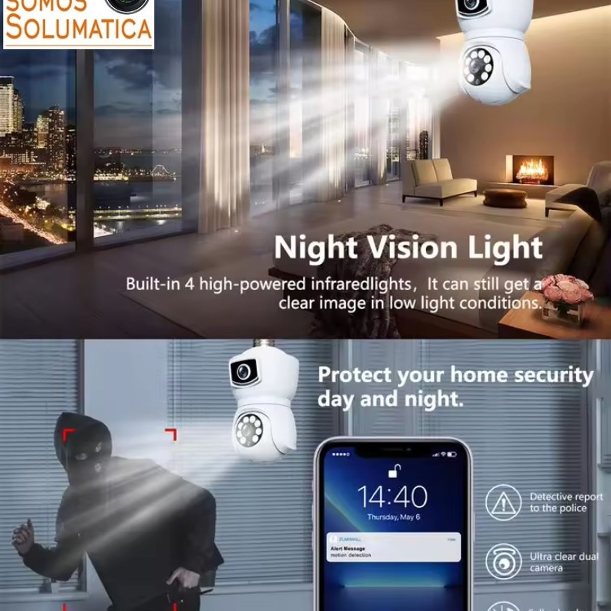 SEISA - Camara De Vigilancia Tipo Foco - Wifi Para Celular - Doble Camara