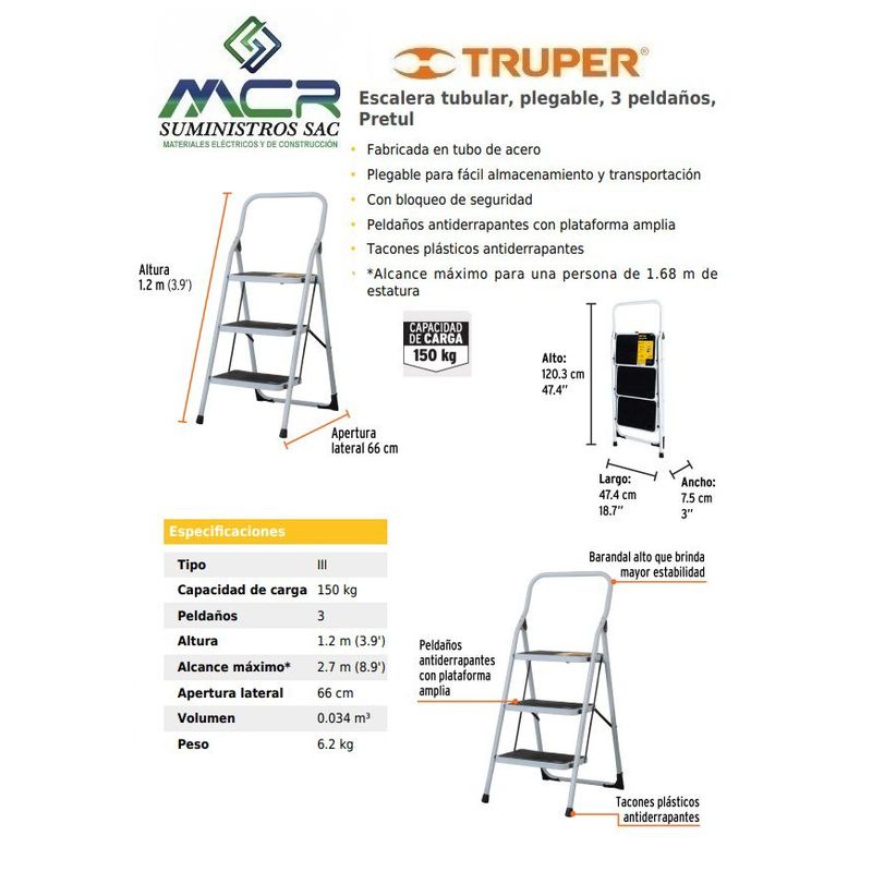 PRETUL - Escalera tubular plegable 3 pasos Pretul