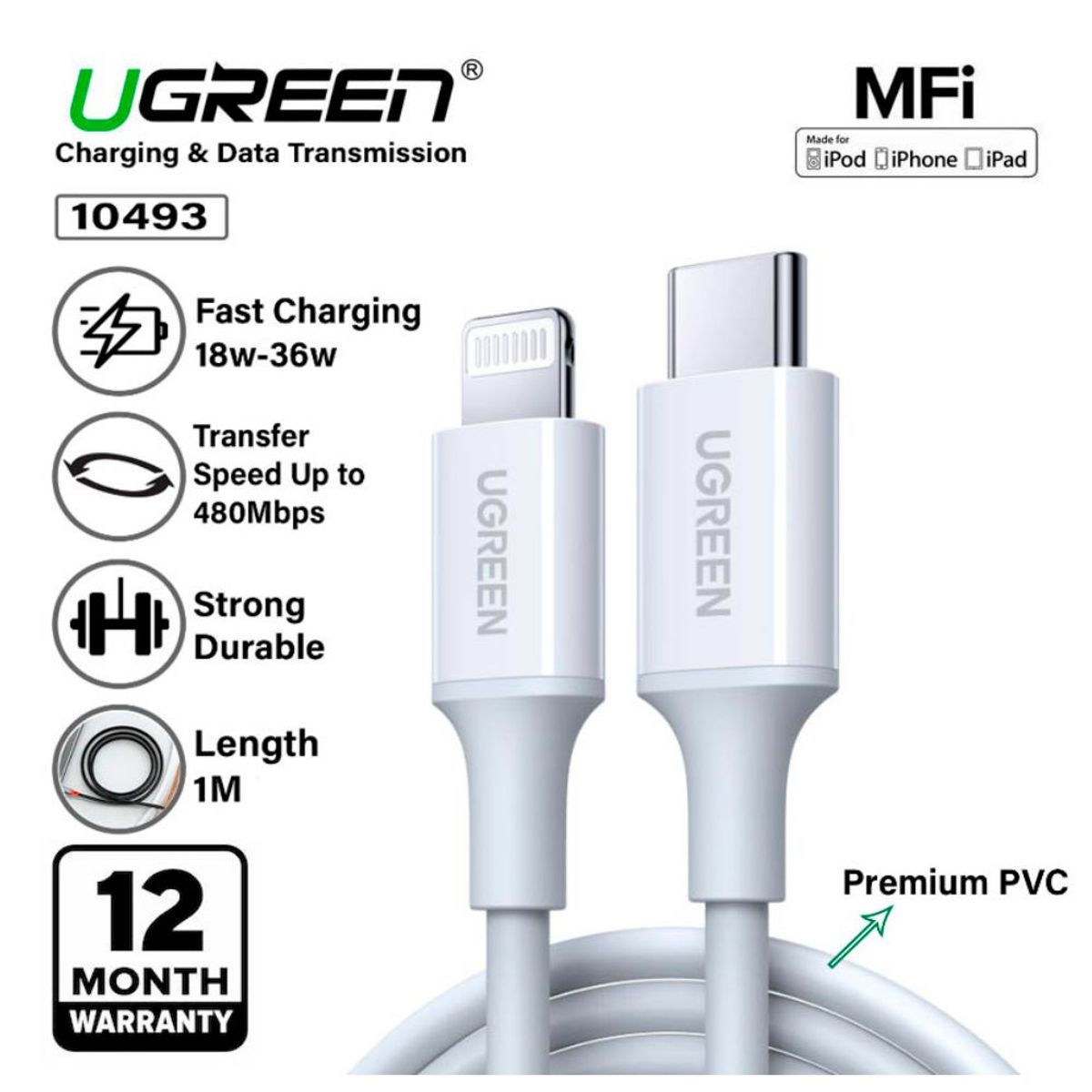 UGREEN - Cable UGREEN Type C a Lightning 60W Certificado MFI para iPhone 14/13 pro, iPad Pro1M US171 - 10493 BLANCO