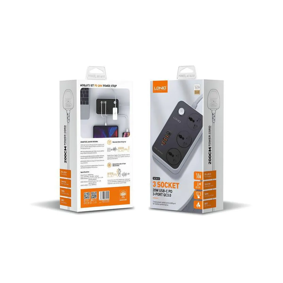 LDNIO - Extensión de pared ldnio sc3412 38w pd20w 2 metros 3 socket 4 usb