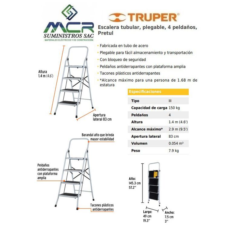 PRETUL - Escalera tubular plegable 4 pasos Pretul