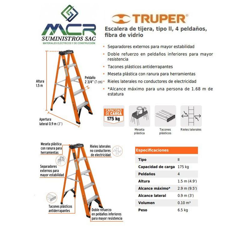 TRUPER - Escalera tijera 4 pasos de fibra de vidrio truper