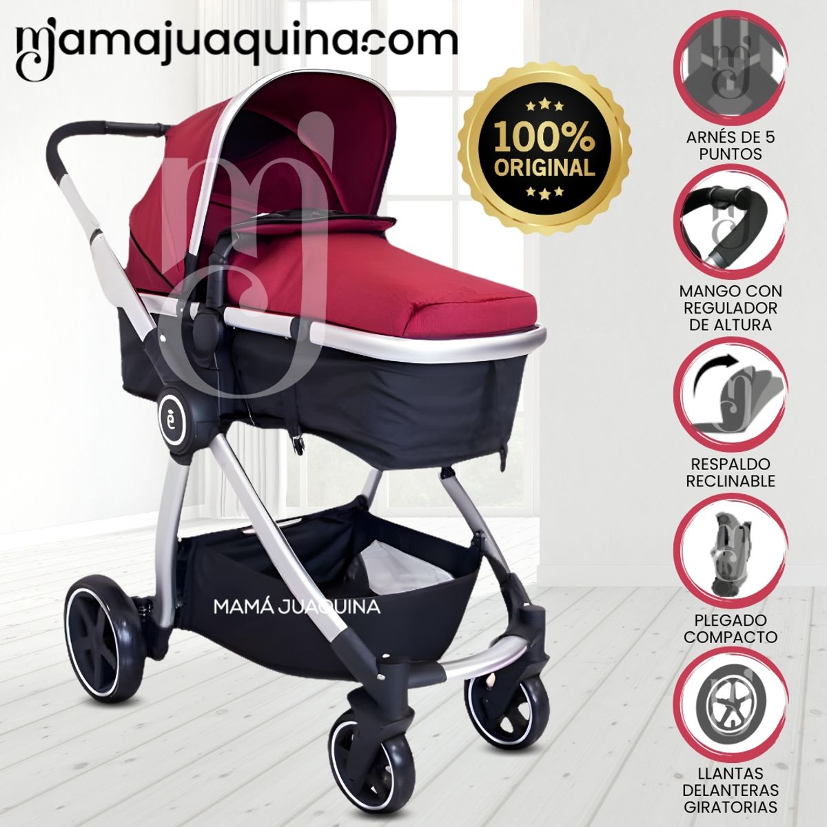 EBABY - Coche Moisés de Lujo «CAMBOYA» Borgoña