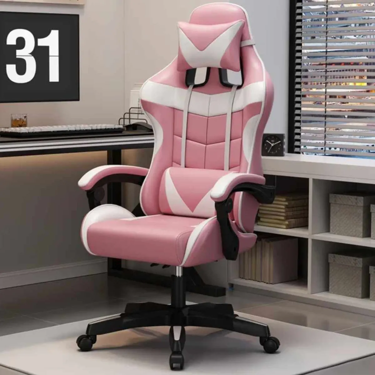 GENERICO - Silla Gamer Rosa Pro Ergonomica Reclinable Posapies y Cojin B-529