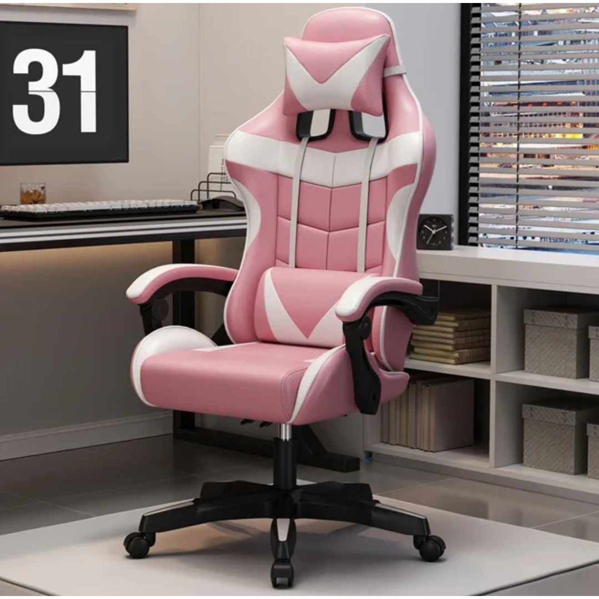 GENERICO - Silla Gamer Rosa Pro Ergonomica Reclinable Posapies y Cojin B-529