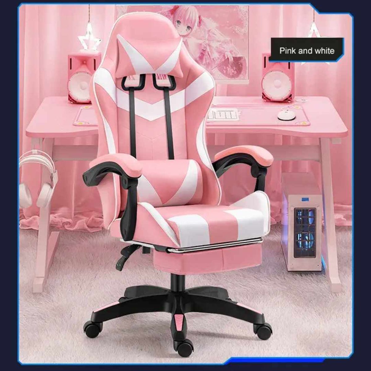 GENERICO - Silla Gamer Rosa Pro Ergonomica Reclinable Posapiés Cojin Lumbar B-529
