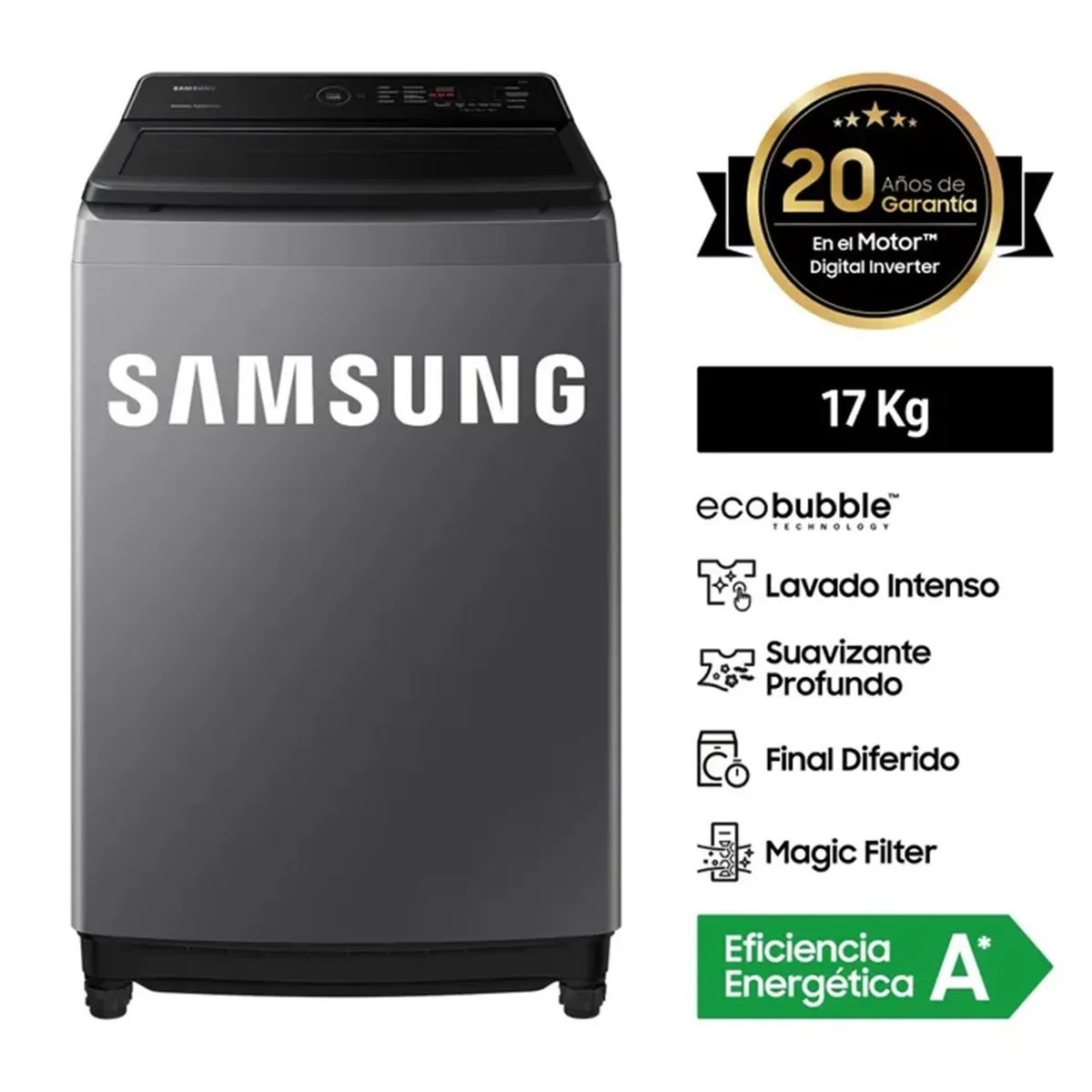 SAMSUNG - Lavadora Samsung 17 KG EcoBubble Inverter WA17CG6441BD/PE Plateado