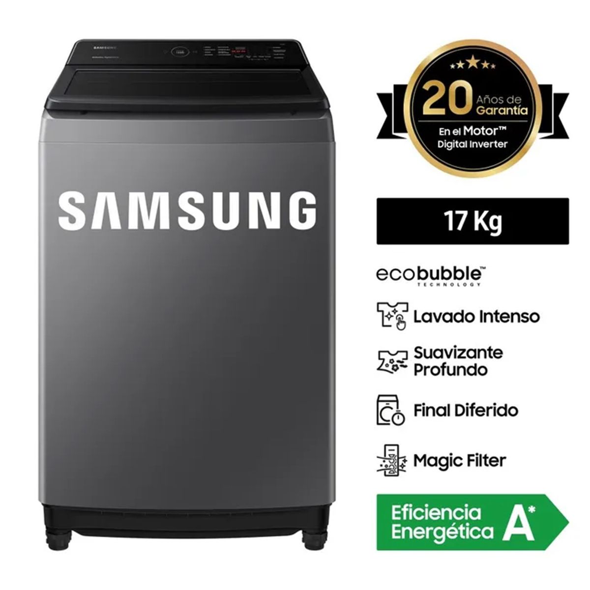 SAMSUNG - Lavadora Samsung 17 KG EcoBubble Inverter WA17CG6441BD/PE Plateado