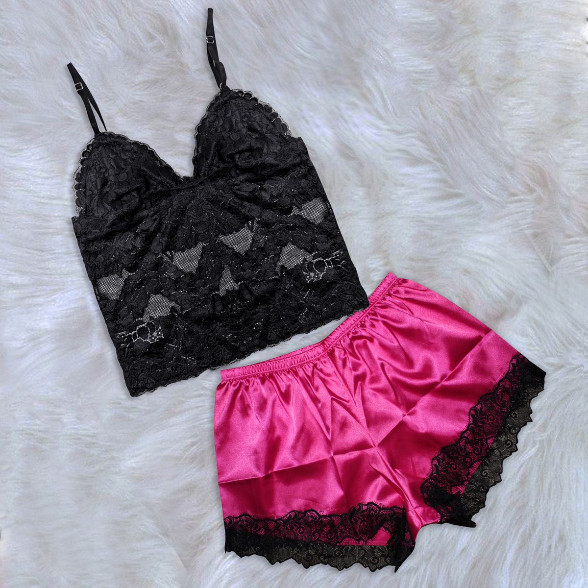 GENERICO - Pijama Conjunto Short de Satin y Bralette de Encaje