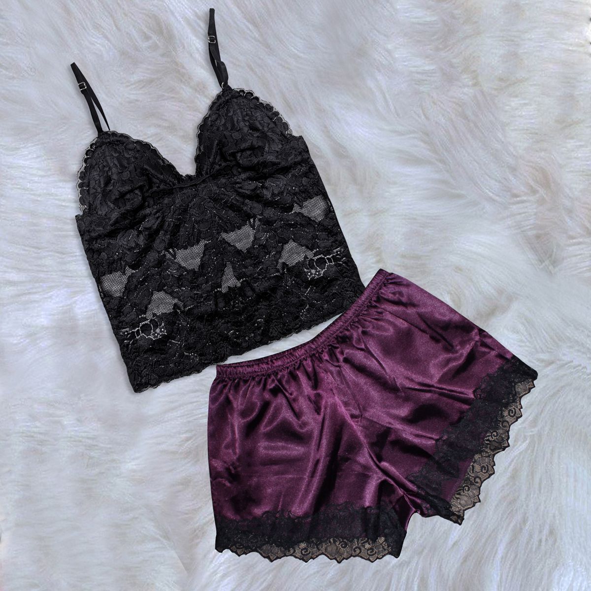 GENERICO - Pijama Conjunto Short de Satin y Bralette de Encaje