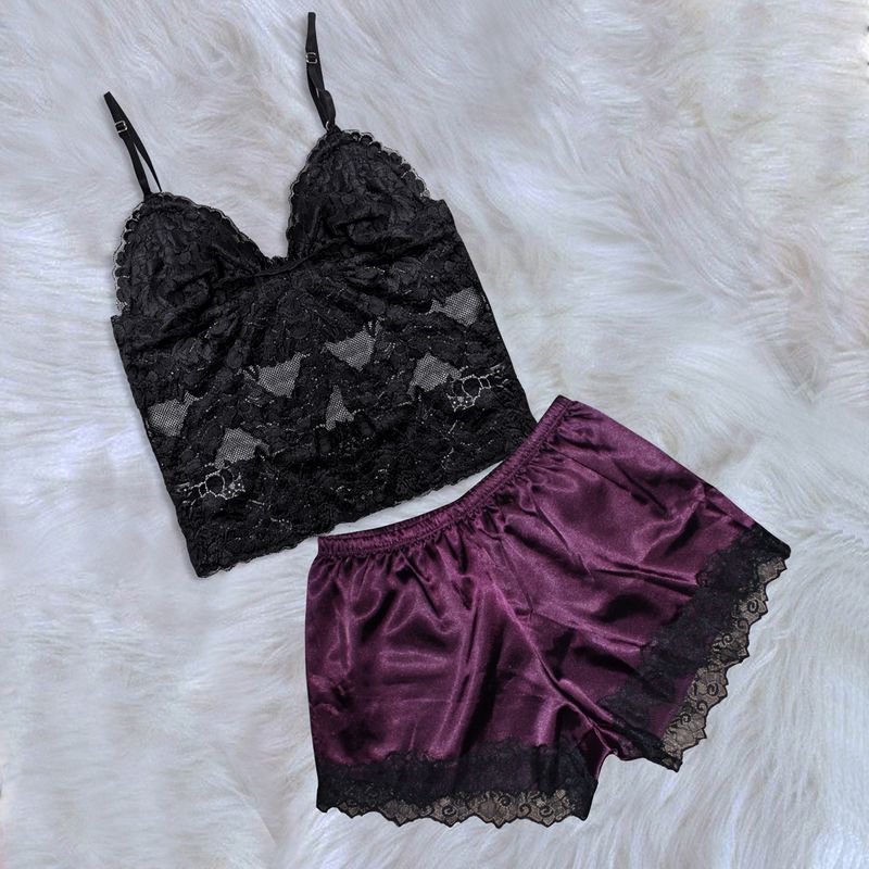 GENERICO - Pijama Conjunto Short de Satin y Bralette de Encaje