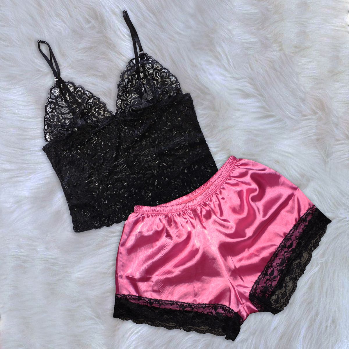 GENERICO - Pijama Conjunto Short de Satin y Bralette de Encaje