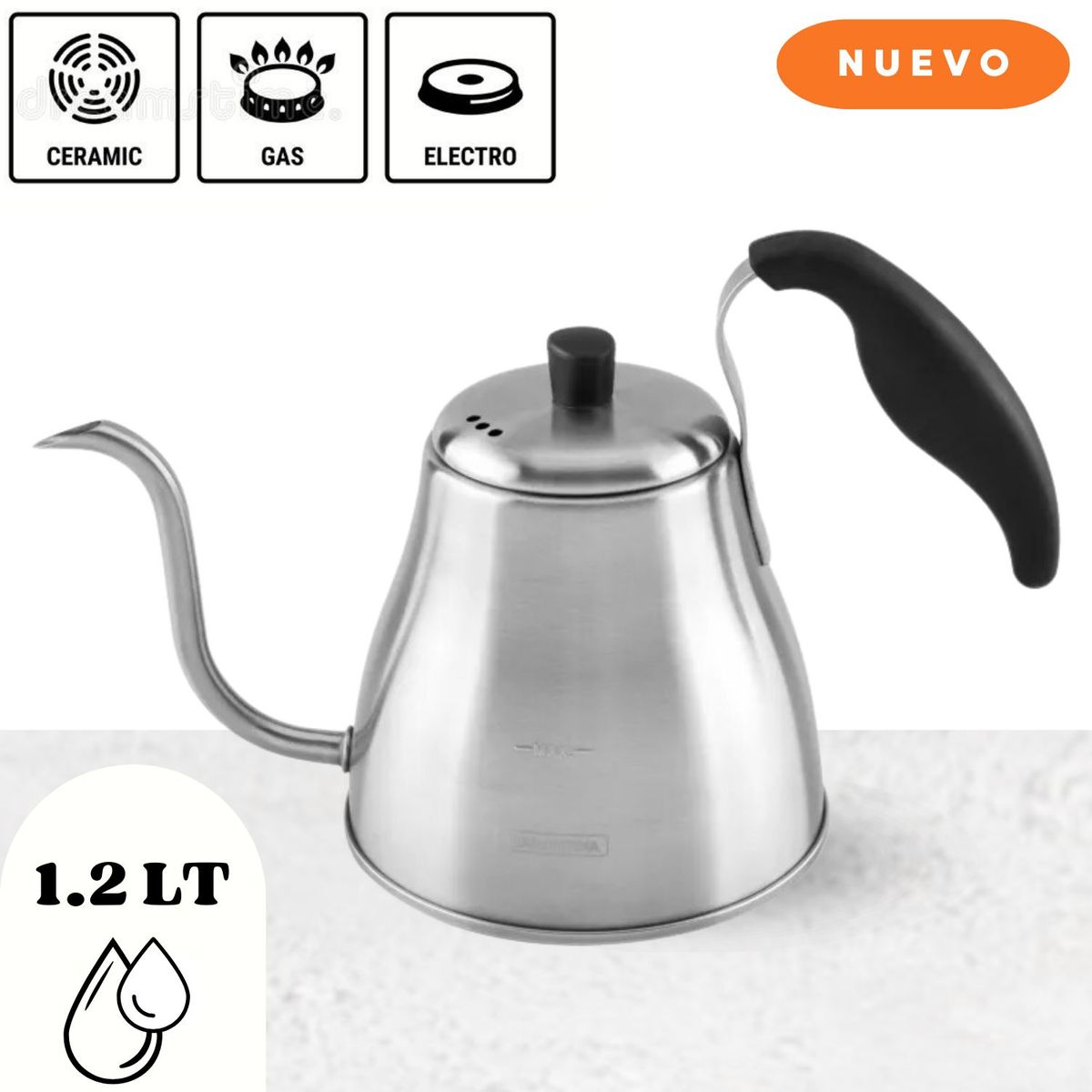 TRAMONTINA - Tetera Cuello de Cisna con Tapa  Acero Inoxidable 1,2 L