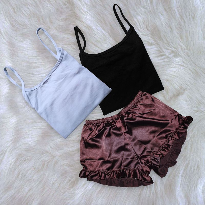 GENERICO - Set Pijama Conjunto Short de Satin y 02 BVD de Algodón