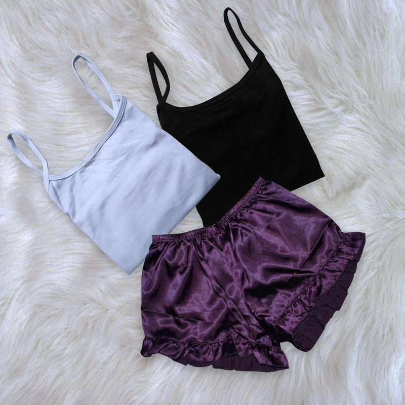 GENERICO - Set Pijama Conjunto Short de Satin y 02 BVD de Algodón