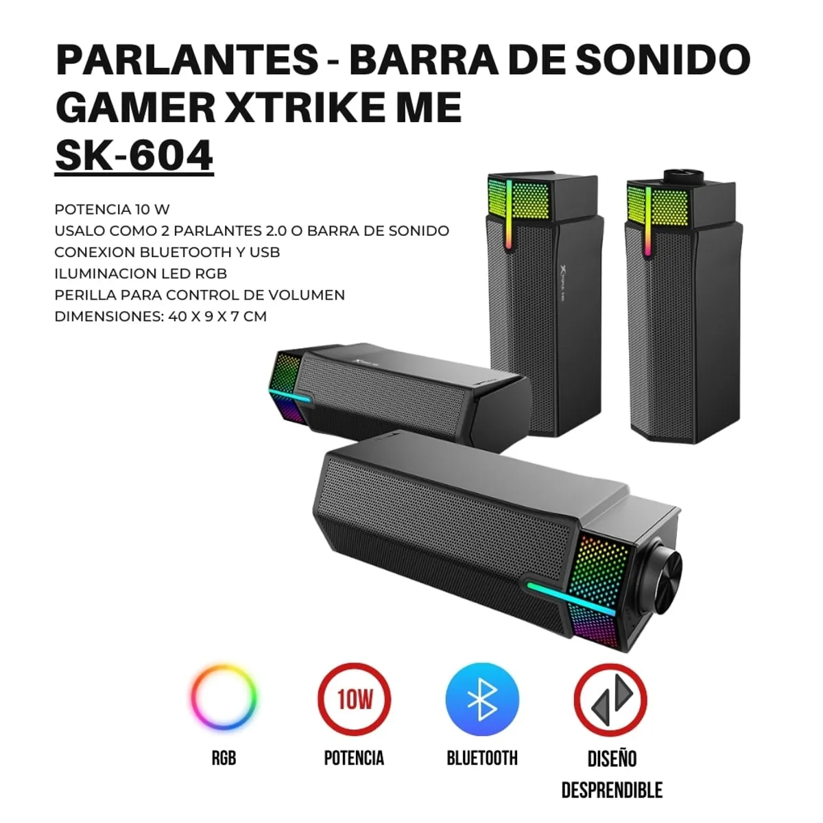 XTRIKE ME - Parlantes Gamer para PC Bluetooth Soundbar RGB Xtrike Me SK-604