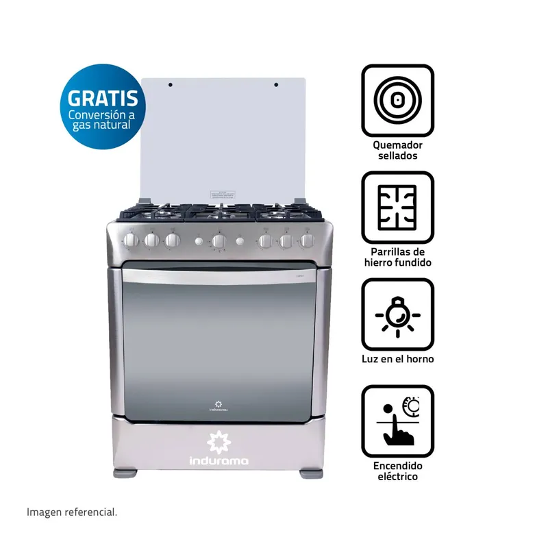 INDURAMA - COCINA INDURAMA PARMA ZAFIRO CROMA 6 QUEMADORES + Válvula para Gas
