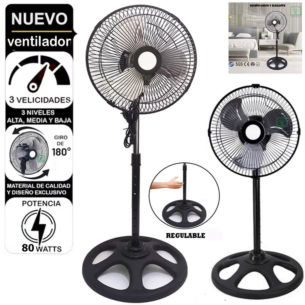 GENERICO - Ventilador Pedestal de 10" NEGRO 60 Watts