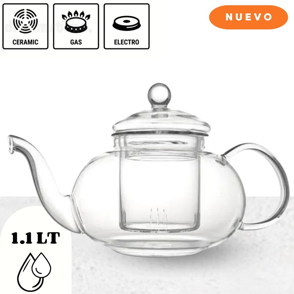 GENERICO - Tetera Transparente con Infusor Extraíble 1.1 L