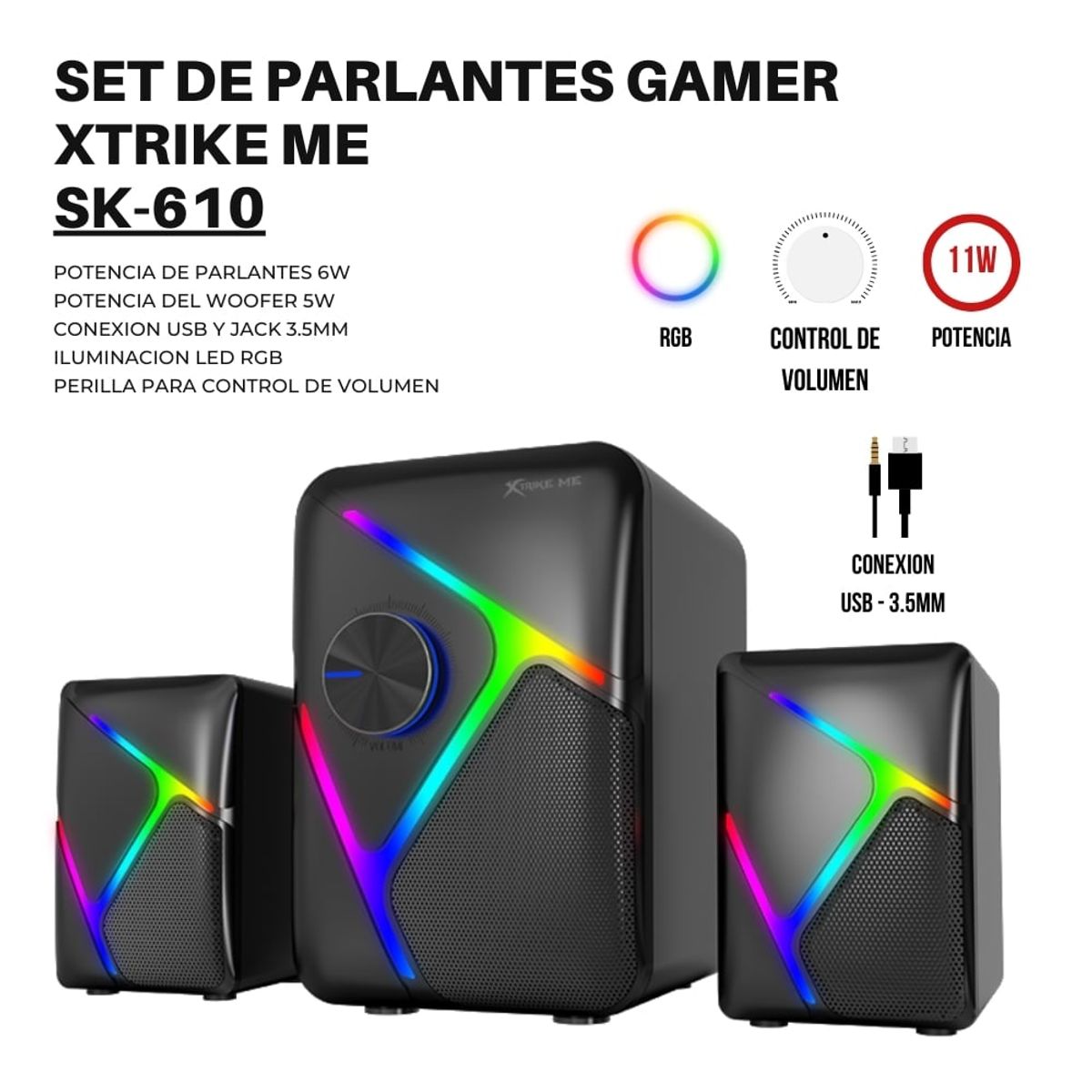 XTRIKE ME - Parlantes Gamer RGB Multimedia 2.1 para PC Xtrike Me SK-610