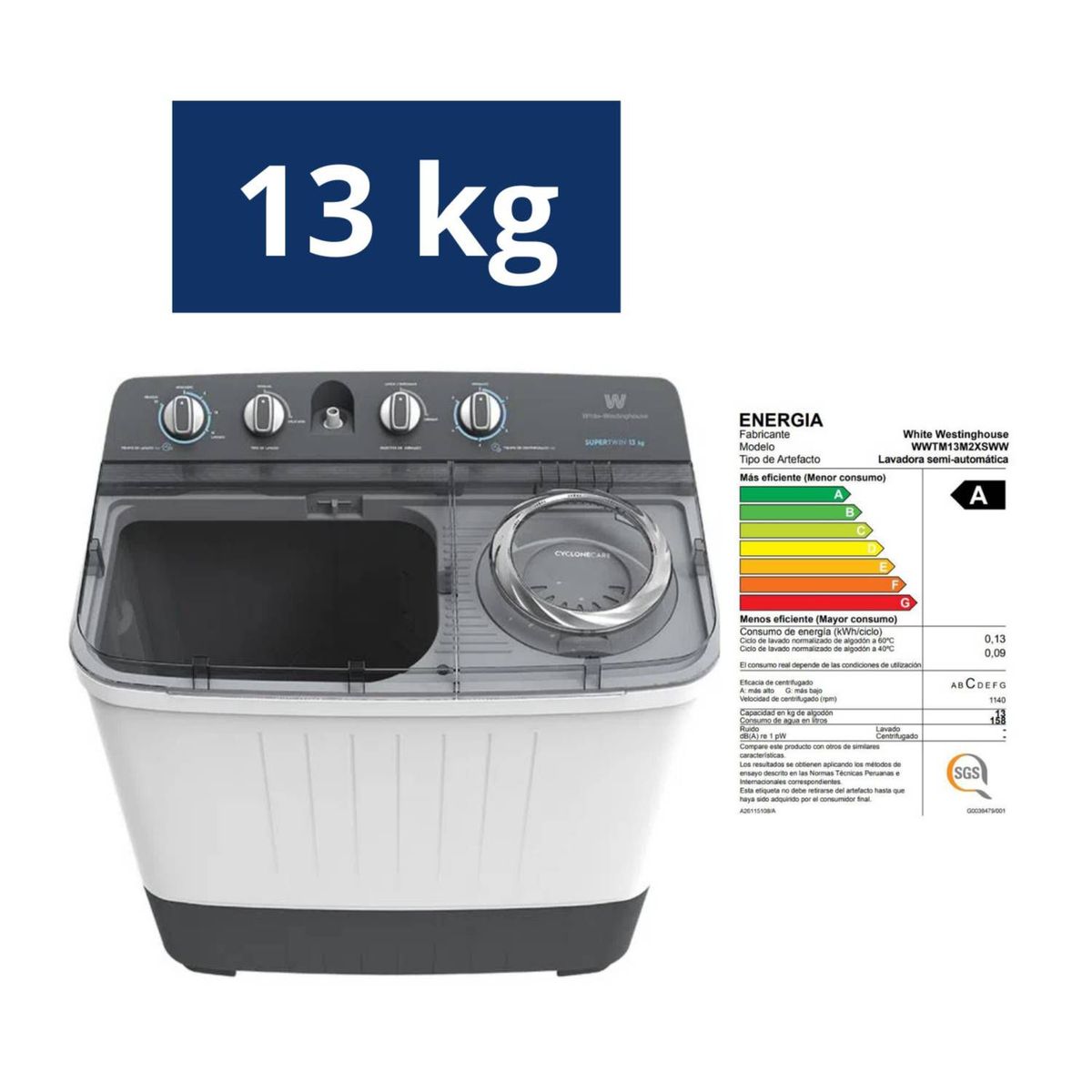 WESTINGHOUSE - Lavadora Semiautomática Westinghouse 13KG WWTM13M2XSWW